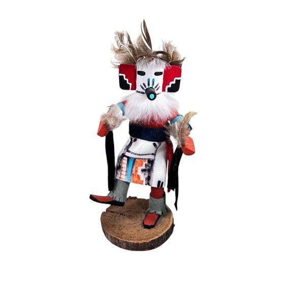 Vtg Native American Hopi Kachina Warrior Doll Signed Feathers Wooden Base - Picture 9 of 12